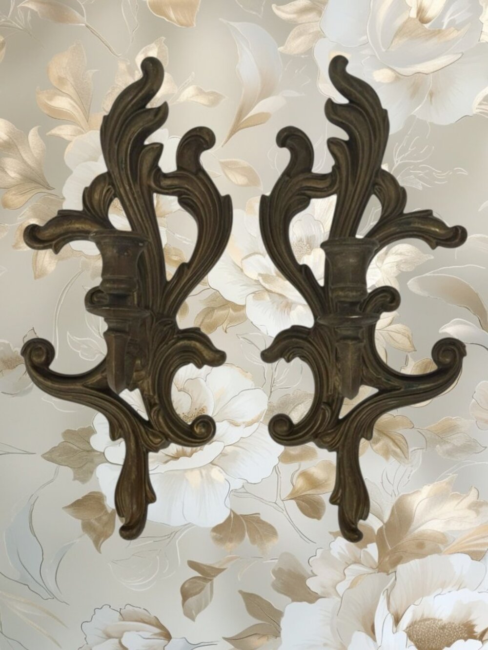 Syroco Taper Candle Wall Sconce Pair Hollywood Regency Gold Floral 4001 L 4002 R